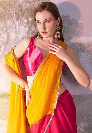 Half N Half Chiffon Saree in Fuchsia and Yellow