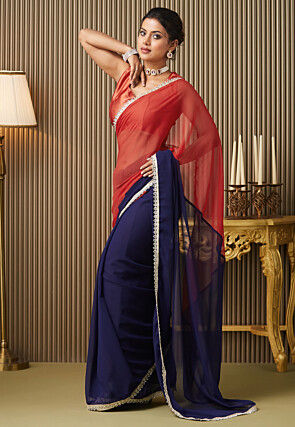 Half N Half Chiffon Saree in Red and Navy Blue