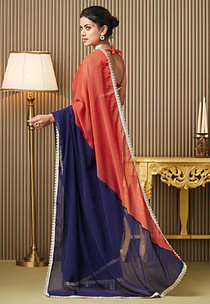 Half N Half Chiffon Saree in Red and Navy Blue