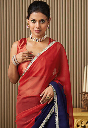 Half N Half Chiffon Saree in Red and Navy Blue