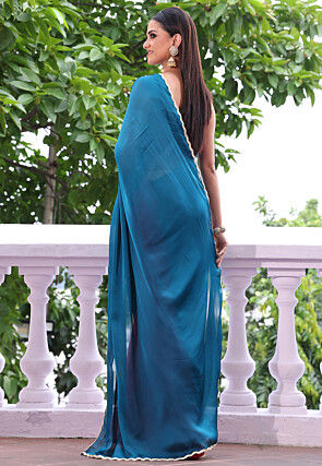 Half n Half Chiffon Saree in Teal Blue and Fuchsia