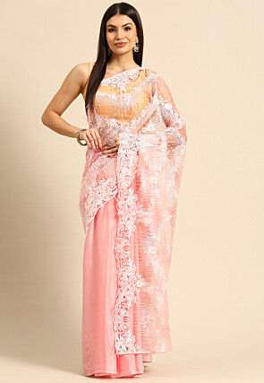 Half N Half Chinon Chiffon and Net Saree in Pink