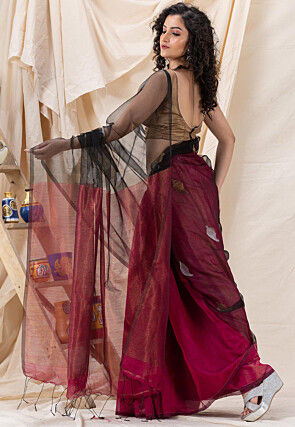 Half N Half Cotton Saree in Black and Fuchsia