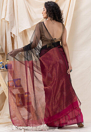 Half N Half Cotton Saree in Black and Fuchsia