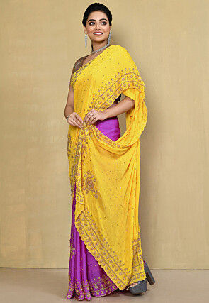 Half N Half Crepe Jacquard Saree in Yellow and Purple