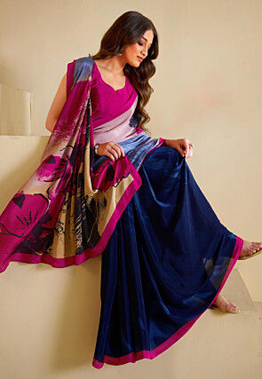 Half N Half Crepe Saree in Blue and Multicolor