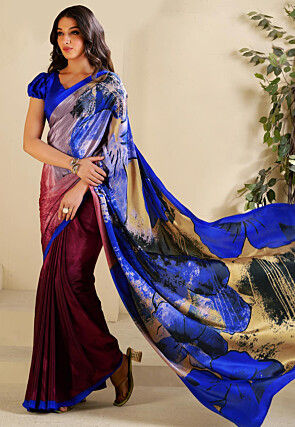 Half N Half Crepe Saree in Maroon and Multicolor