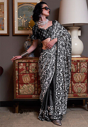 Half N Half Crepe Saree in Off White and Black