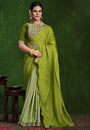 Half N Half Crepe Saree in Olive Green