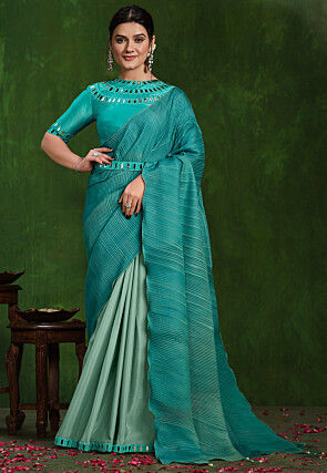 Half N Half Crepe Saree in Teal Blue
