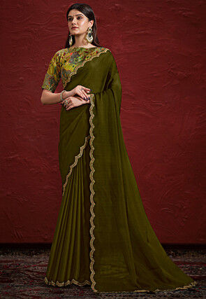 Half N Half Georgette Silk Scalloped Saree in Olive Green