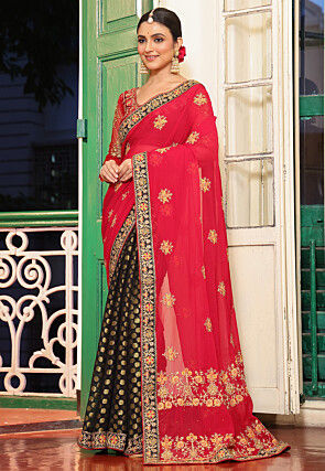 Half N Half Art Silk Saree in Red and Black