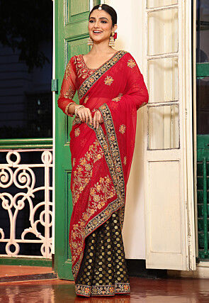 Half N Half Art Silk Saree in Red and Black