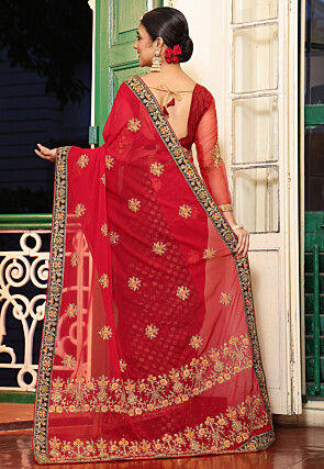 Half N Half Art Silk Saree in Red and Black