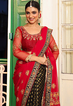 Half N Half Art Silk Saree in Red and Black