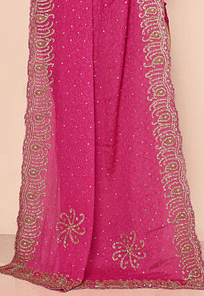 Half N Half Georgette Brasso Saree in Beige and Fuchsia