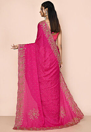 Half N Half Georgette Brasso Saree in Beige and Fuchsia