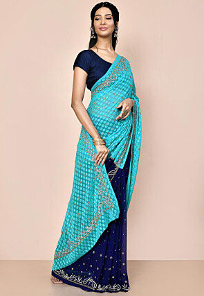 Half N Half Georgette Brasso Saree in Navy Blue and Blue