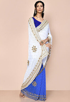 Half N Half Georgette Brasso Saree in White and Blue
