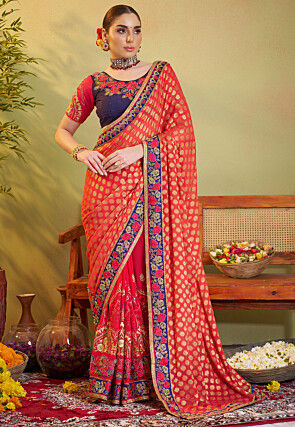 Half N Half Georgette Jacquard Saree in Red