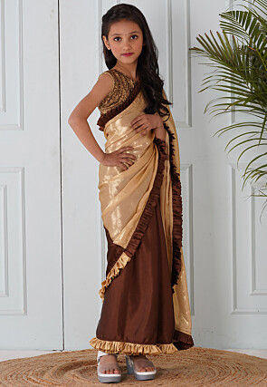 Half N Half Georgette Pre-stitched Saree in Brown and Beige