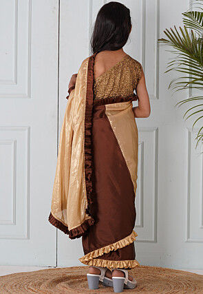 Half N Half Georgette Pre-stitched Saree in Brown and Beige