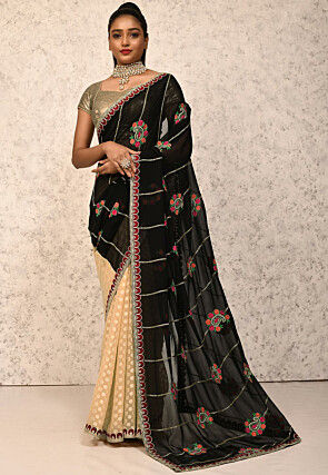 Half N Half Georgette Saree in Black and Beige