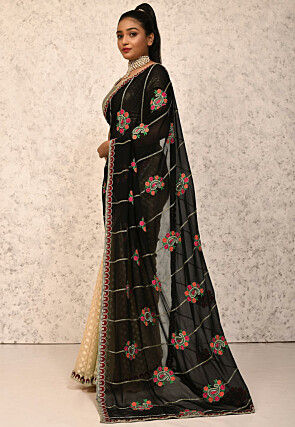 Half N Half Georgette Saree in Black and Beige