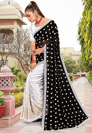 Half N Half Georgette Saree in Black and Off White