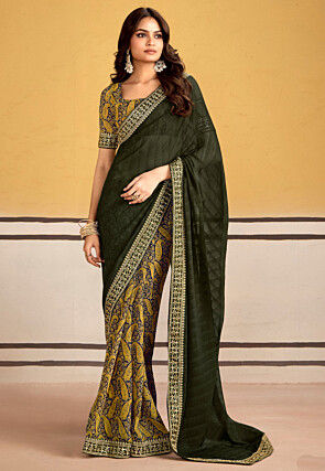 Half N Half Georgette Saree in Dark Green and Navy Blue