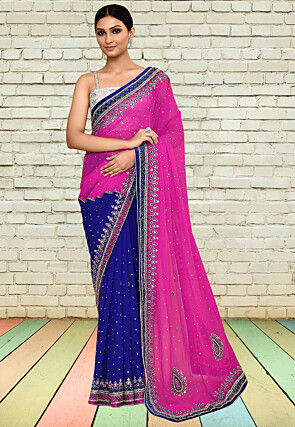 Half N Half Georgette Saree in Fuchsia and Navy Blue