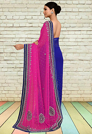 Half N Half Georgette Saree in Fuchsia and Navy Blue