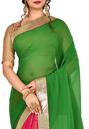 Half N Half Georgette Saree in Green and Pink