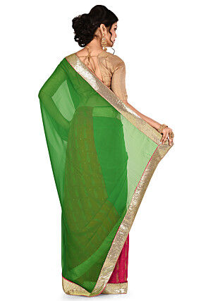 Half N Half Georgette Saree in Green and Pink