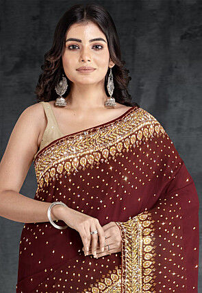 Half N Half Georgette Saree in Maroon and Beige