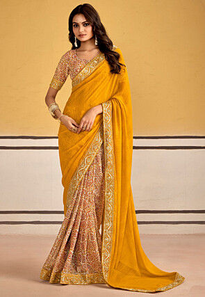 Half N Half Georgette Saree in Mustard and Cream