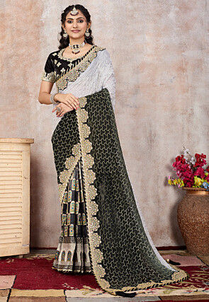 Half N Half Georgette Saree in Off White and Black