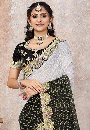 Half N Half Georgette Saree in Off White and Black