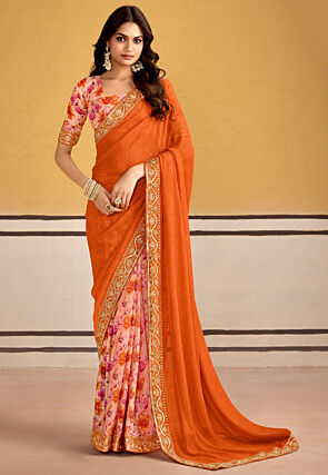 Half N Half Georgette Saree in Orange and Pink