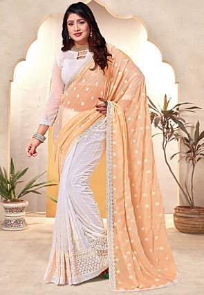 Half N Half Georgette Saree in Peach and Off White
