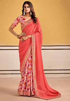 Half N Half Georgette Saree in Peach and Pink
