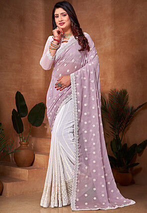 Half N Half Georgette Saree in Purple and Off White
