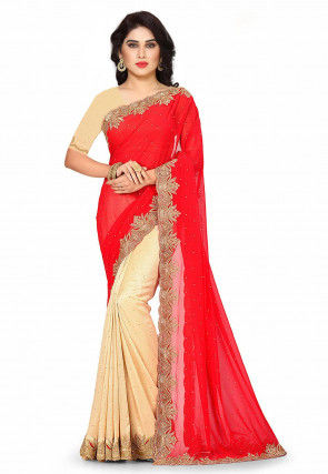 Half N Half Georgette Saree in Red and Cream