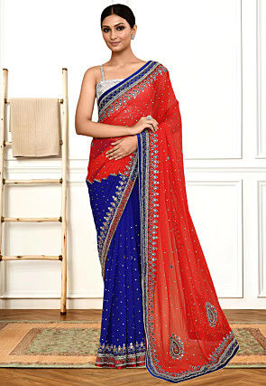 Half N Half Georgette Saree in Red and Navy Blue