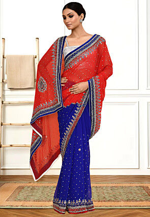 Half N Half Georgette Saree in Red and Navy Blue