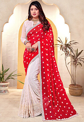 Half N Half Georgette Saree in Red and Off White