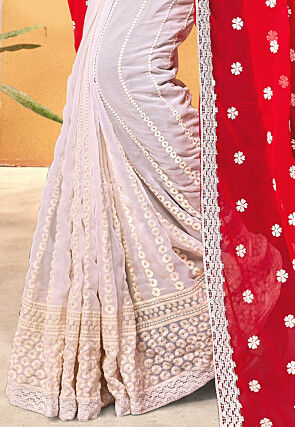 Half N Half Georgette Saree in Red and Off White