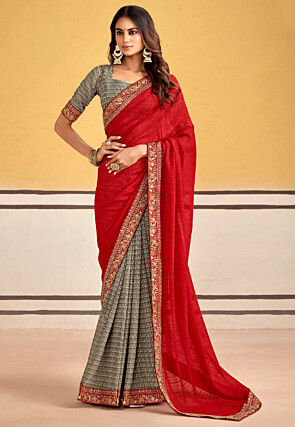Half N Half Georgette Saree in Red and Off White