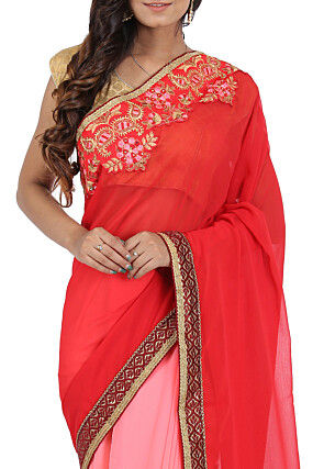 Half N Half Georgette Saree in Red and Pink