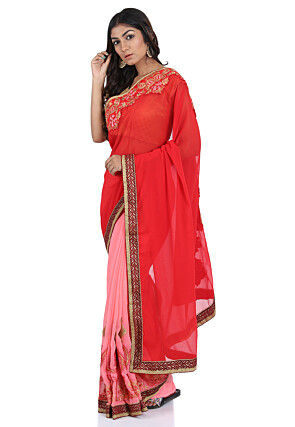 Half N Half Georgette Saree in Red and Pink